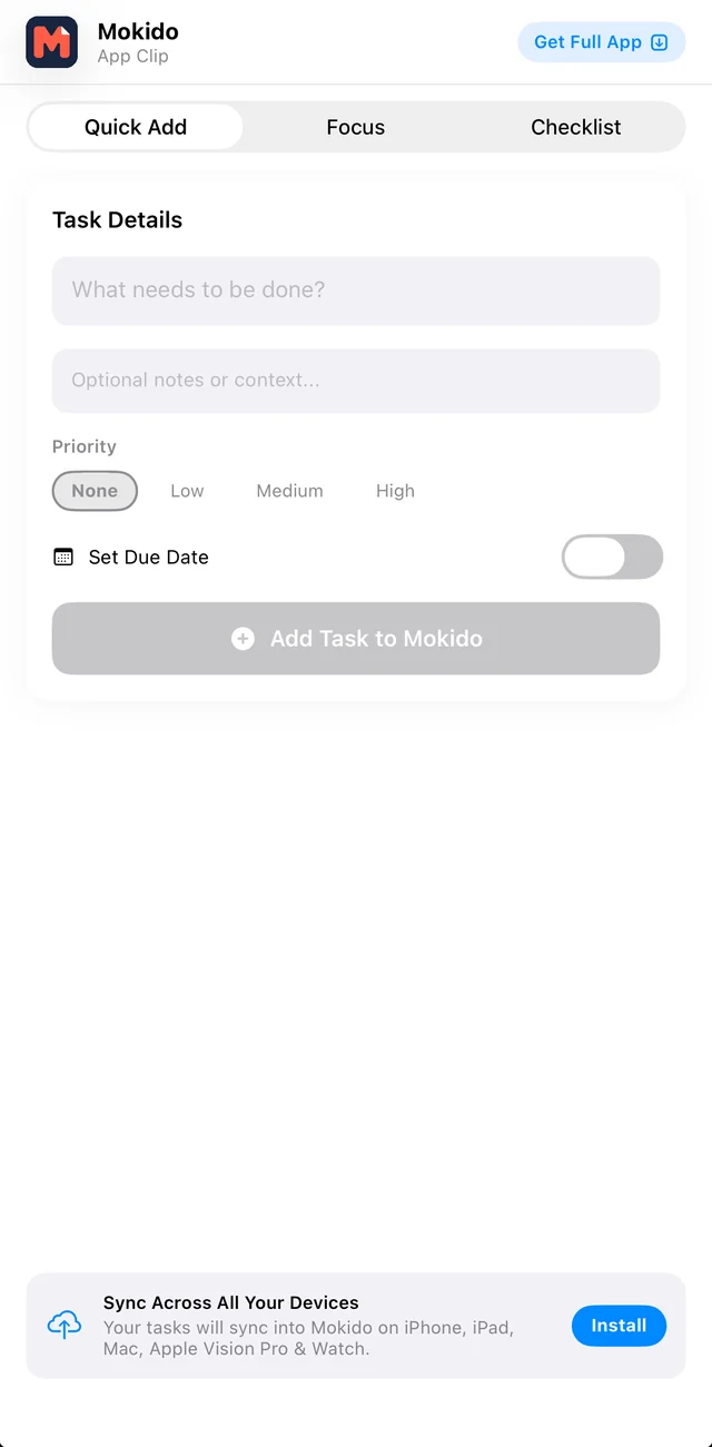 Écran Quick Add de l’App Clip de Mokido avec les détails, la priorité et l’échéance de la tâche.