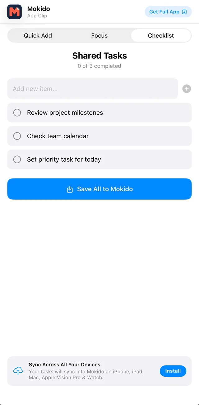 Écran Checklist de l’App Clip de Mokido avec trois tâches et le bouton Save All to Mokido.