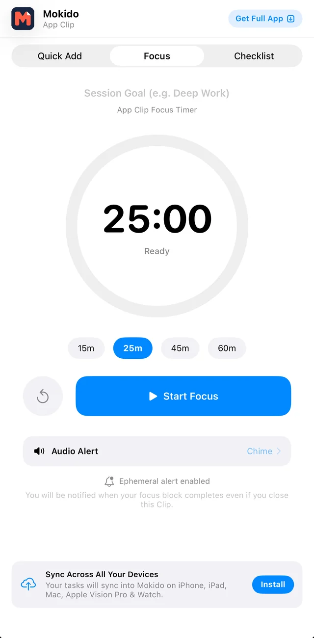 Écran Focus de l’App Clip de Mokido avec un minuteur de 25 minutes et les durées proposées.