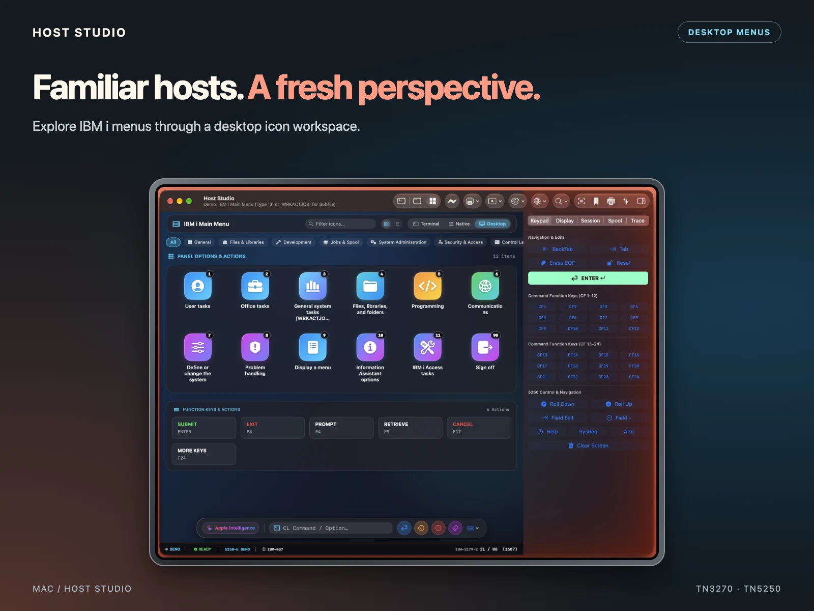 Familiar hosts. A fresh perspective. Explore IBM i menus through a desktop icon workspace. Mac — Desktop icon menu — IBM i