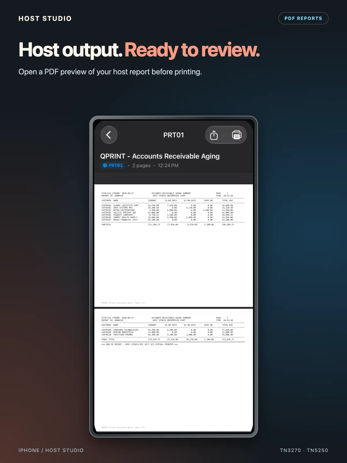 Host output. Ready to review. Open a PDF preview of your host report before printing. Host Studio — iPhone — PDF report preview