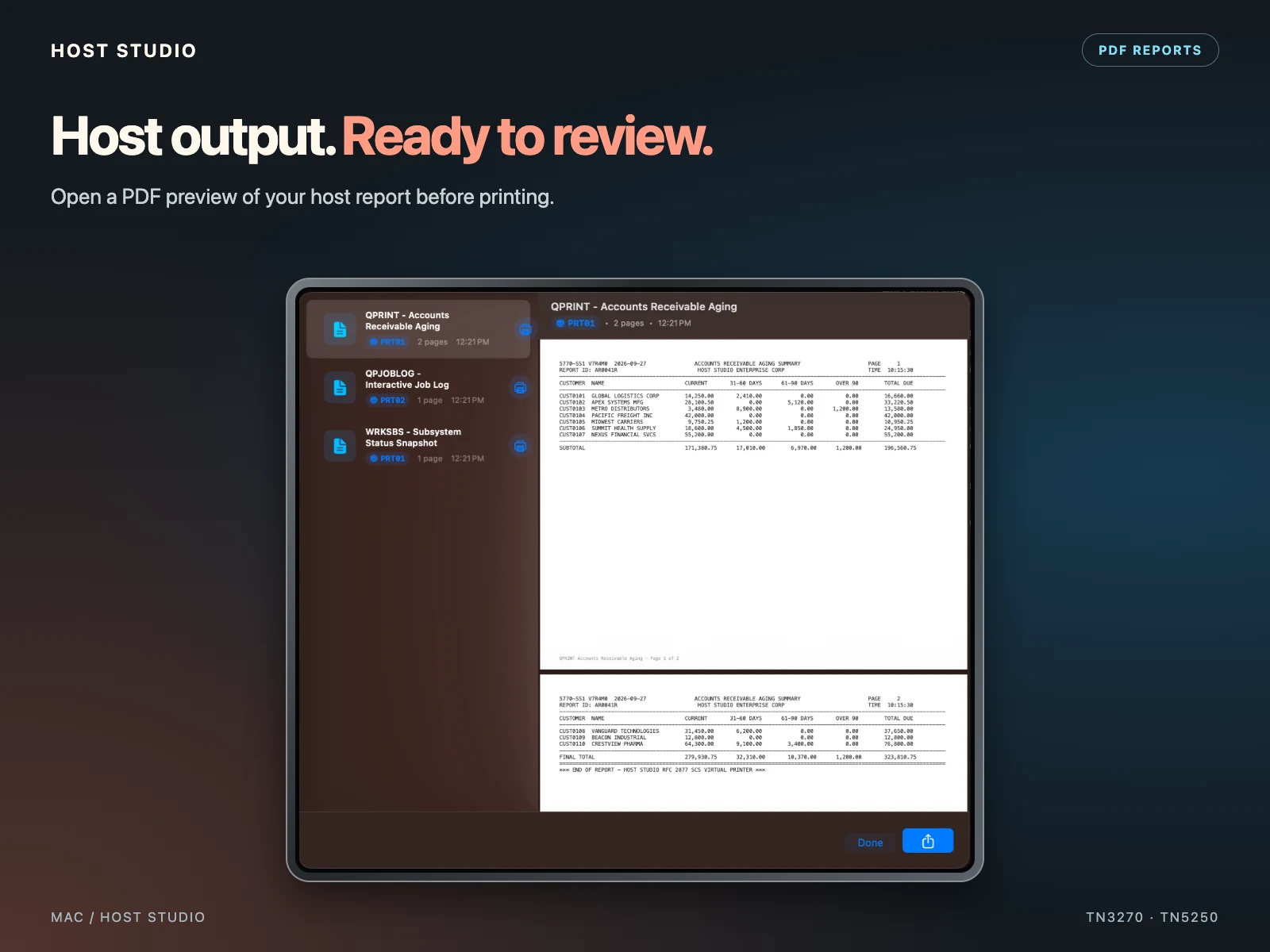 Host output. Ready to review. Open a PDF preview of your host report before printing. Host Studio — Mac — PDF report preview