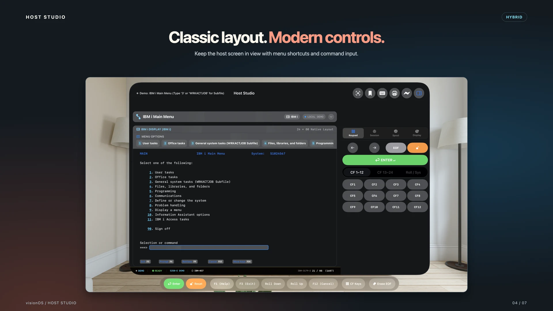 Apple Vision Pro — Hybrid IBM i menu. Classic layout. Modern controls.