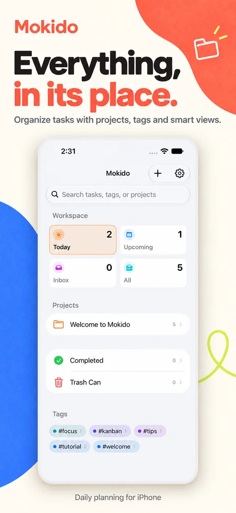 Mokido on iPhone: organize tasks with projects, tags, and smart views.