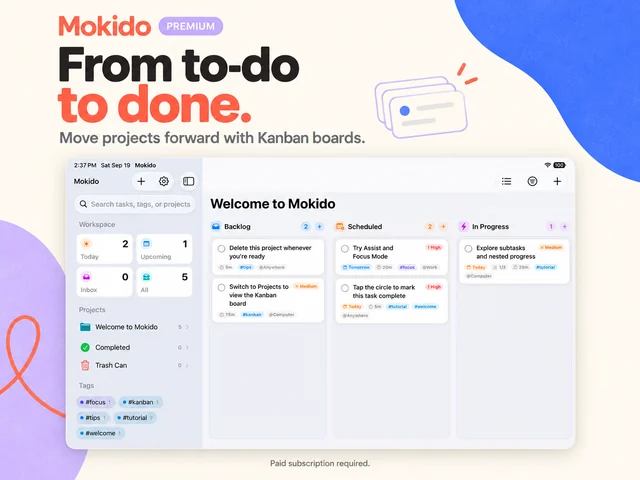 Mokido Premium on iPad: move projects forward with Kanban boards. Paid subscription required.
