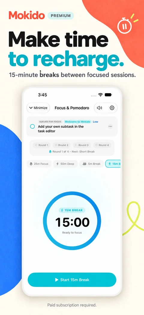Mokido Premium: a 15-minute break timer between focused sessions.