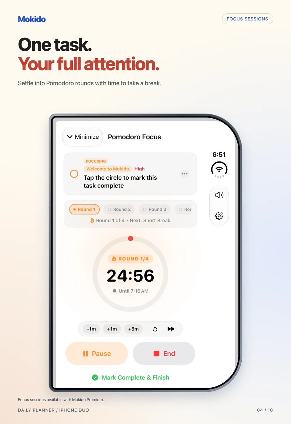 Mokido on iPhone Duo — One task. Your full attention. Pomodoro focus sessions with Mokido Premium.
