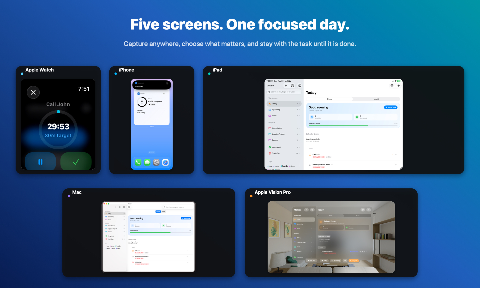 Mokido views on Apple Watch, iPhone, iPad, Mac, and Apple Vision Pro